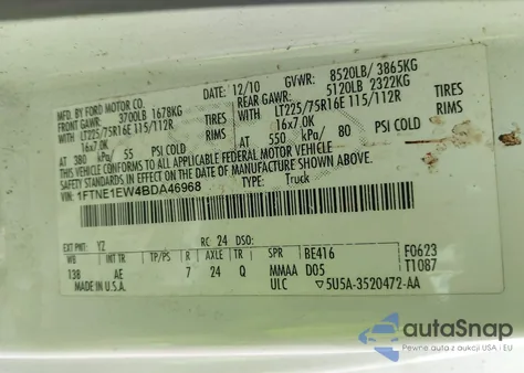 2011 Ford E-150 Commercial из США, поврежденный, VIN 1FTNE1EW4BDA46968